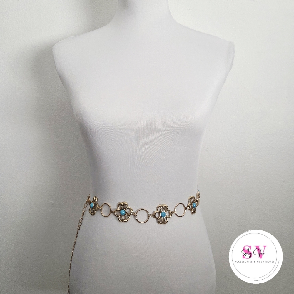 Gold and Turquoise Flower Chain Belt